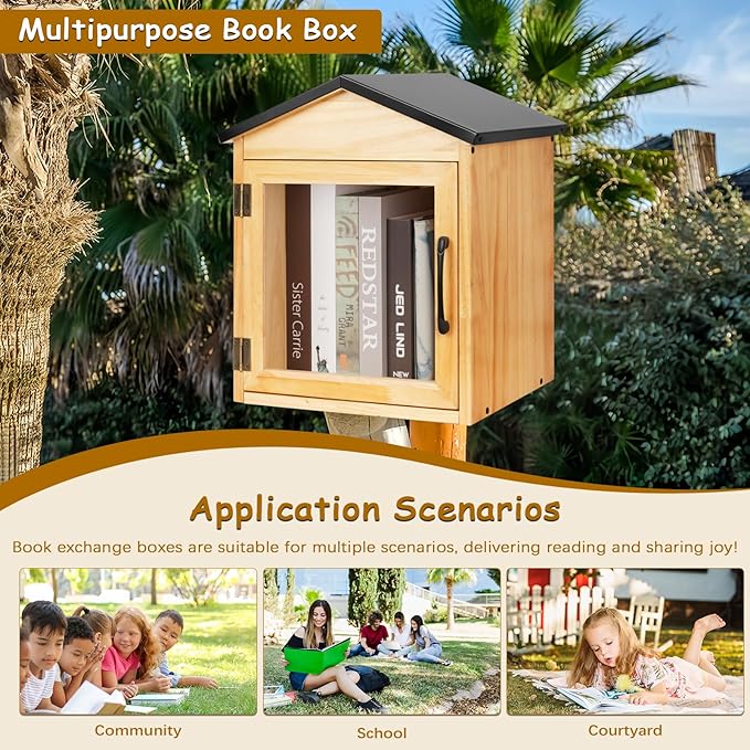 Outdoor Library Box Literature Exchange Box Outdoor Book Storage Little Wood Cabinet for DIY, Neighborhoods Community and Schools Sharing Books, Literature and Newspapers (13x11x16 Inch)