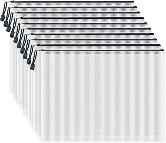 AUSTARK 10 Pcs Zipper File Bags, Waterproof Plastic Mesh Pouch for Office School, Board Game Storage Bags (B4 Size 15''x11'', White and Black)
