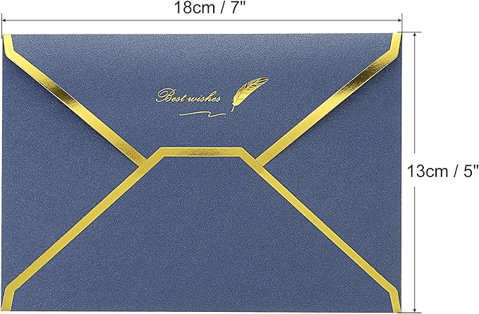 PATIKIL V Flap Envelopes, 10 Pack 7 x 5'' Luxury Style Gold Border Greeting Card Envelope for Invitations Weddings, Blue