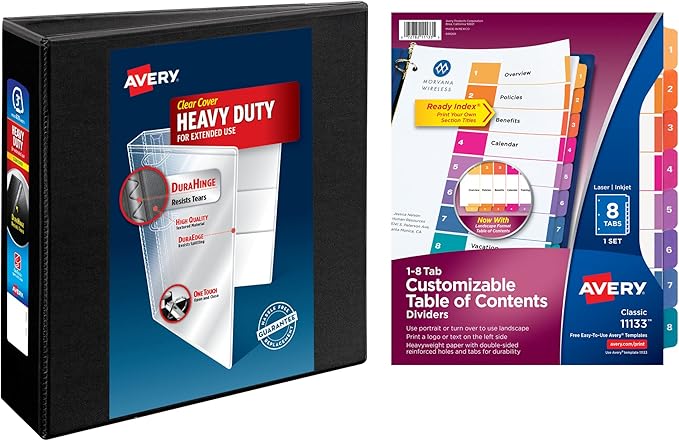 Avery Heavy-Duty View 3 Ring Binder with 3 Inch Rings, 8 Tab Customizable Table of Contents Binder Dividers, Office Supplies Set (01677)