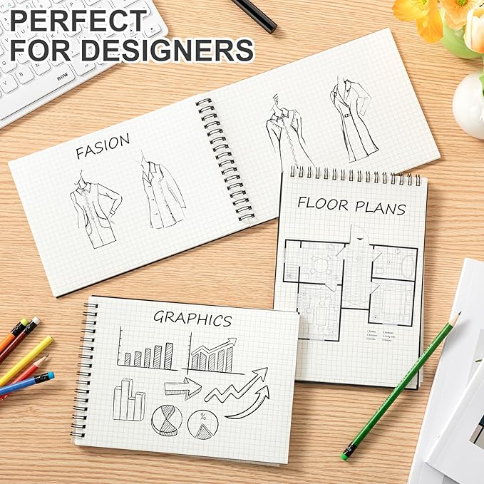 Graph Paper Spiral Notepad A5 Top Wirebound Notepad Grid Notebook Steno Pads Memo Notebook Grid Paper 140 Pages for Writing Sketching Drawing Office Supplies(Black,8 Pack)