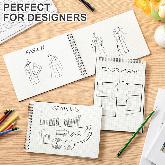 Graph Paper Spiral Notepad A5 Top Wirebound Notepad Grid Notebook Steno Pads Memo Notebook Grid Paper 140 Pages for Writing Sketching Drawing Office Supplies(Black,4 Pack)