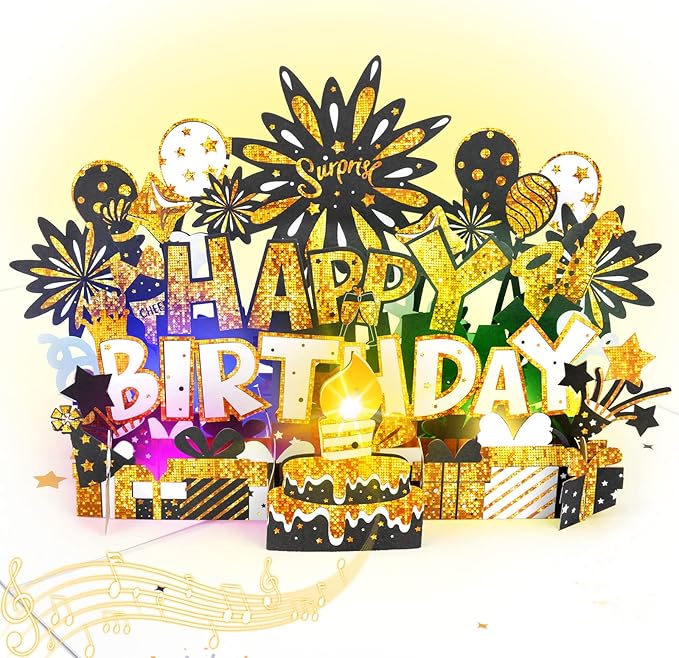 Birthday Card | Musical Pop Up Birthday Cards w Light | Blow Out LED Light Candle & Play Happy Birthday Music Pop Up Card | Greeting Cards Gifts for Him or Her | Black Gold (Blowable Candle)