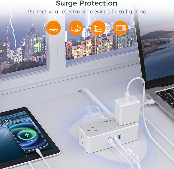 Ultra Thin Flat Plug Extension Cord 10 ft, TESSAN Surge Protector Power Strip with 4 Widely Space AC Outlets 3 USB Charging Ports, 900 Joules Protection for Home Office School Dorm Room