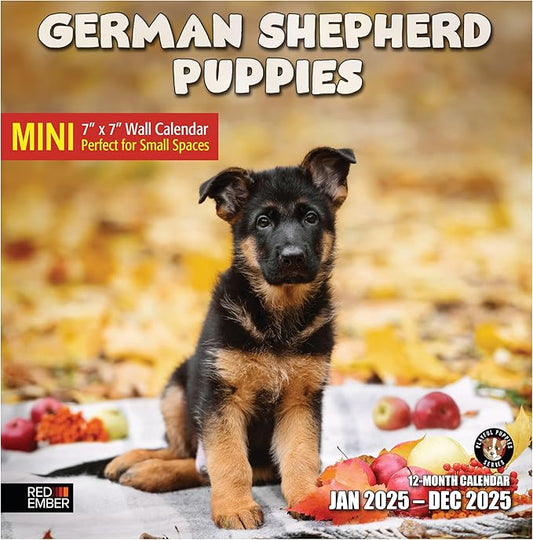 RED EMBER German Shepherd Puppies Mini 2025 Wall Calendar 12 Month | 7" x 14" Open | Thick & Sturdy Paper | Giftable | Calendar 2025