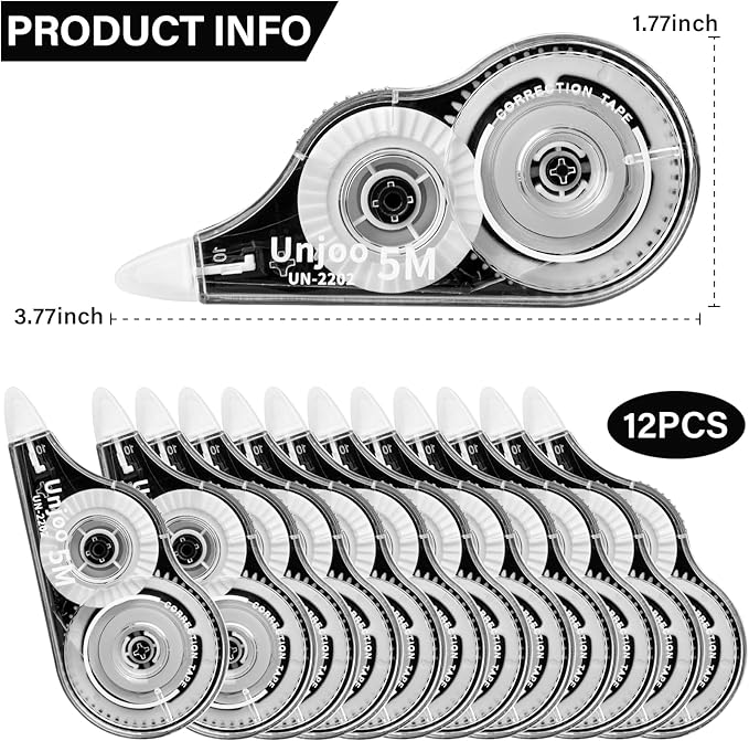 Correction Tape, Easy To Use Applicator for Instant Corrections, For school, Office (12pack, 5M/196" x 0.2", White)