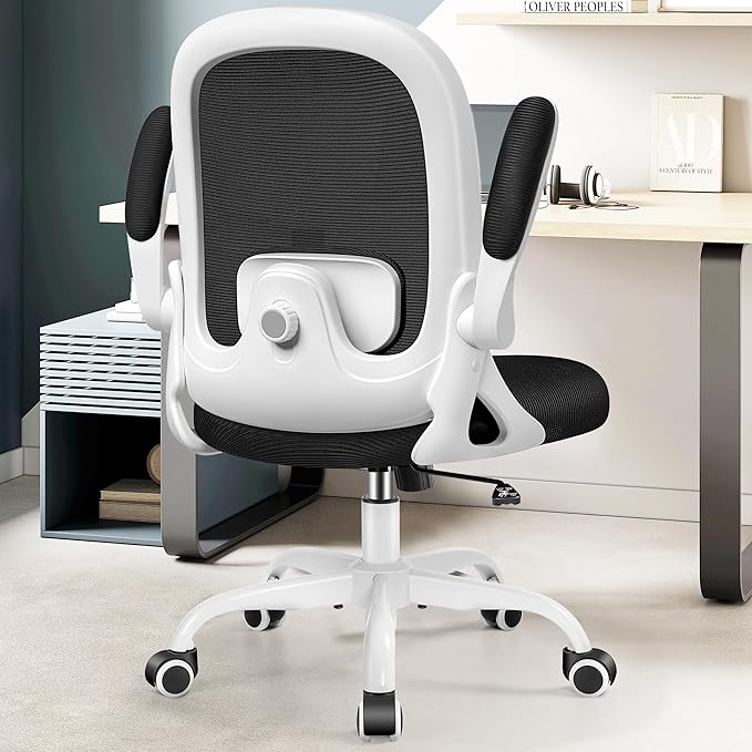 Office Chair Ergonomic Desk Chair with Adjustable 3D Lumbar Support and Height, Comfy Mesh Computer Chair with Flip-up Armrests, Swivel Rolling Task Chair with Wheels for Home Office (White)