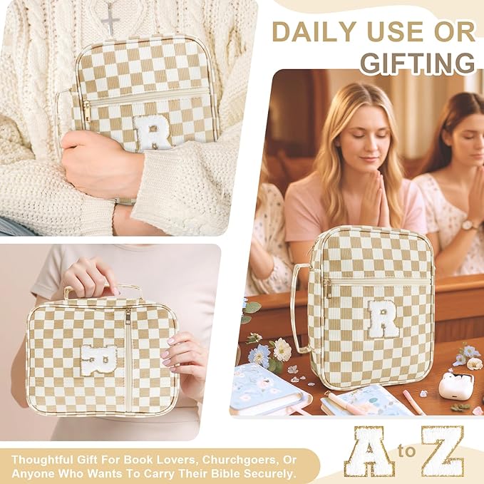 Personalized Initial Bible Cover Case for Women Girls Kid - Large Corduroy Bible Case with Handle, Stylish Chenille Letter Bag Study Supplies, Perfect Christmas Gifts for Christians Women (Khaki-R)