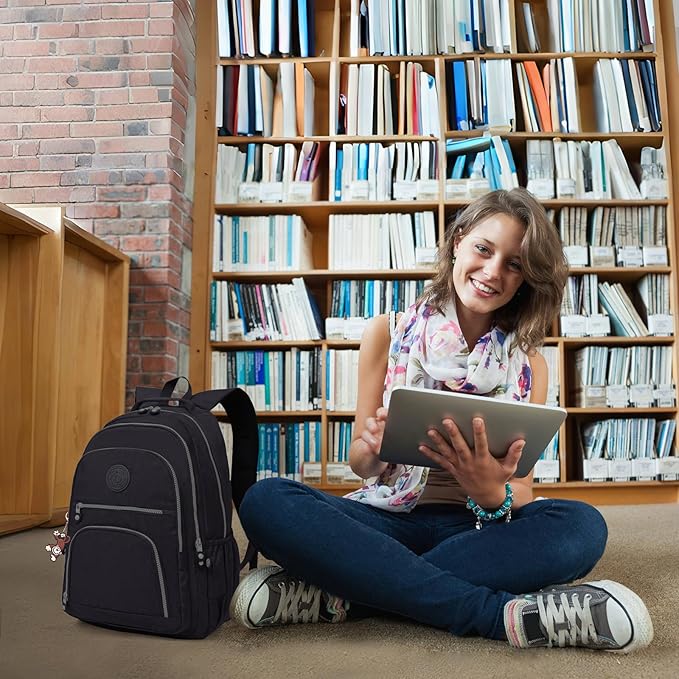 Casual Lightweight Travel Laptop Backpacks Water Resistant Large Nylon Backpack for Men Women Hiking Camping Cycling Packback Daypack, Fits 15.6 Inch Laptop and Notebook - Black