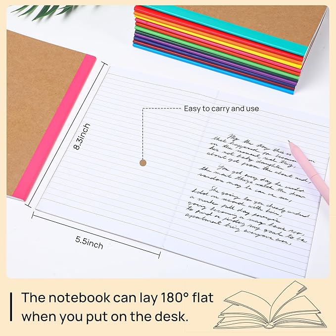 miikoul 24 Pack Composition Notebooks Bulk, A5 Kraft Lined Notebooks College Ruled Journal withs Rainbow Spines, 60 Pages Travel Journals for School Office Supplies,8.3"x 5.5",12 Colors