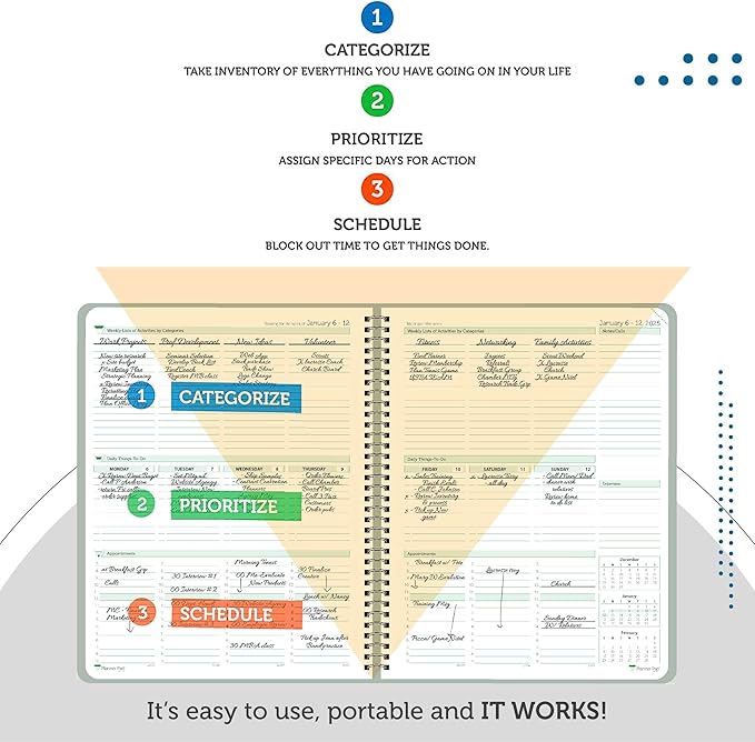 Planner Pad Spiral Bound January-December 2025/ Calendar Year 8 1/2" x 11" Large 3-Tier Funnel Down 12 Month Organizer, Greenish Grey Cover/Soft Green Ink