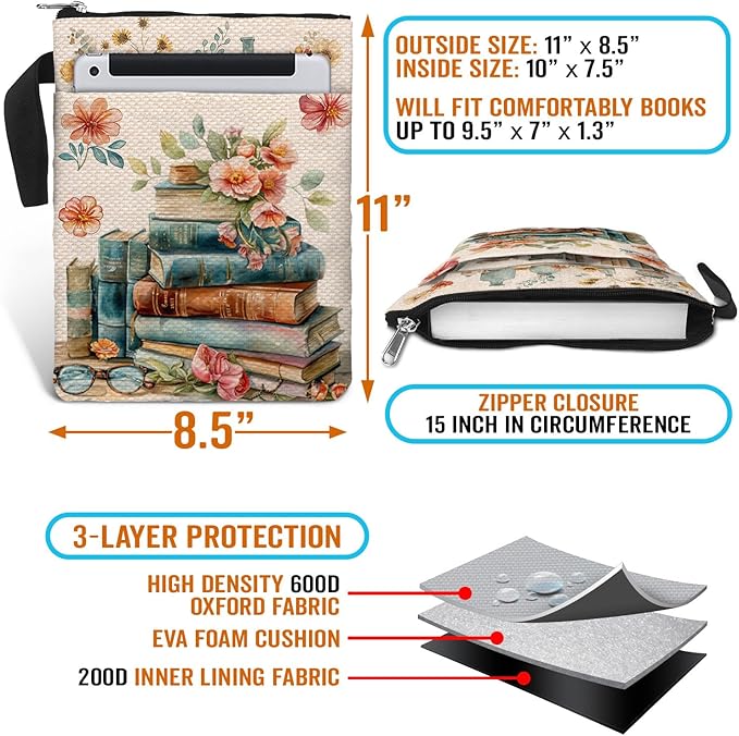 Book Cover Bag with Zipper and Front Pocket. Book Sleeve Gift for Book Lovers and Librarians. Washable Fabric 11 X 8.5 Inch Padded Protector Pouch for Paperbacks. Watercolor Art
