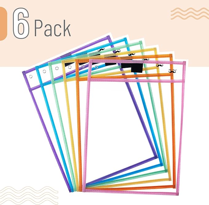 Mr. Pen- Dry Erase Pocket Sleeves, 10 x 14 Inch, 6 Pack, Pastel Colors, Plastic Sleeves, Dry Erase Pockets Reusable Sleeves, Dry Erase Sleeves, Clear Pocket Sleeves, Classroom Sleeves