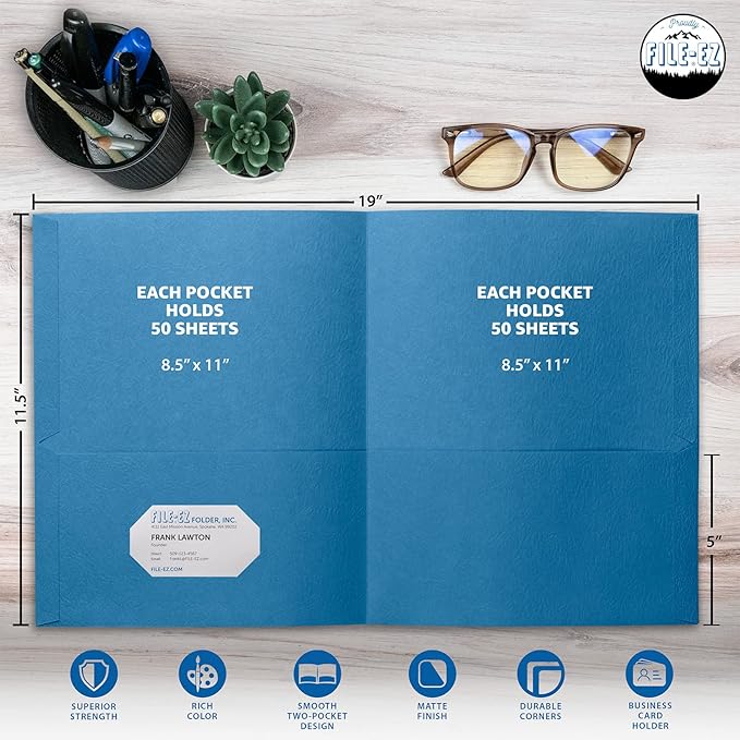 FILE-EZ Two-Pocket Folders, Light Blue, 125-Pack, Textured Paper, Letter Size (EZ-32420)