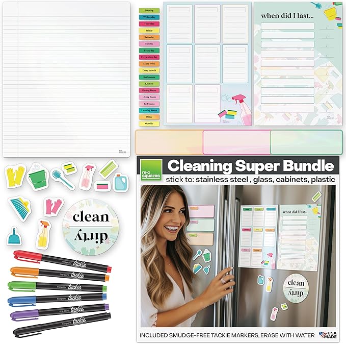 M.C. Squares Reusable, Erasable Cleaning Organizer Super Bundle | 36 Count with Checklist, Labels, Reminders, Jotter, and 6 Smudge-Free Tackie Markers | Cling to Stainless Steel & Glass | USA Made