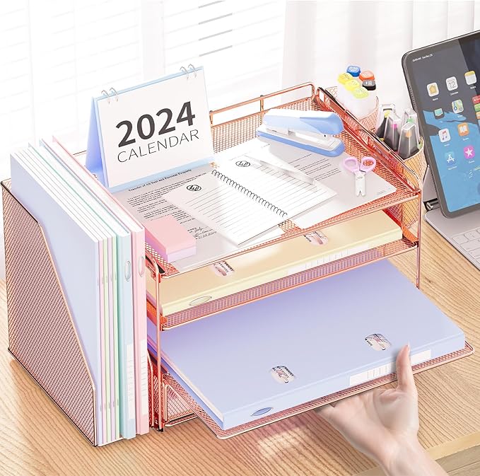 Desk Accessories - Workspace Organizer with 2 Pen Holders, 4 Tier Paper Organizer (Rose Gold)