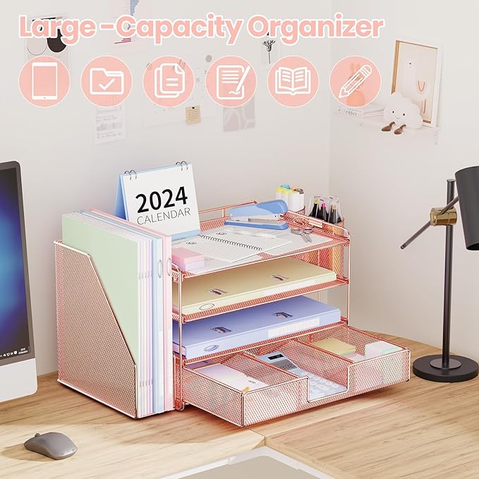 Desk Accessories - Workspace Organizer with 2 Pen Holders, 4 Tier Paper Organizer (Rose Gold)