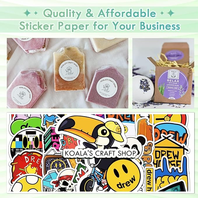 Koala Printable Vinyl Sticker Paper Roll for Inkjet Printers, 13 inch x 32.8 ft White Matte Sticker Paper, Water-Resistant and Durable Sticker Pritner Paper