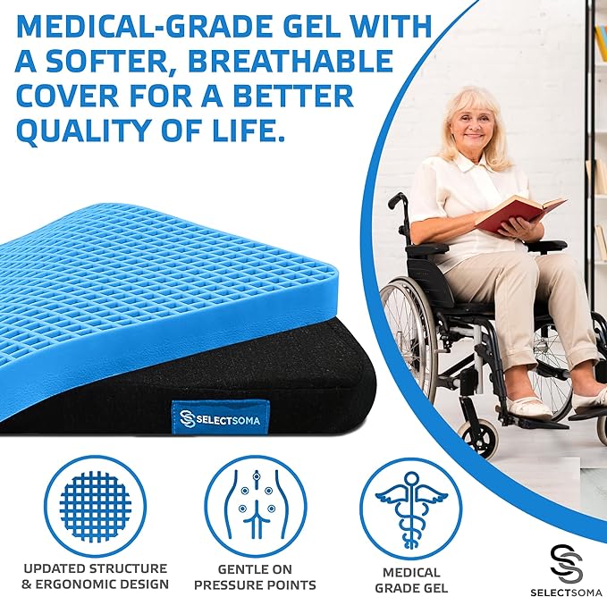 SelectSoma Travel Seat Cushion for Long Sitting – Car and Truck Cooling Gel Seat Cushion - Office Chair Cushion for Back, Sciatica, Tailbone Pain Relief – Wheelchair Cushion for Pressure Relief