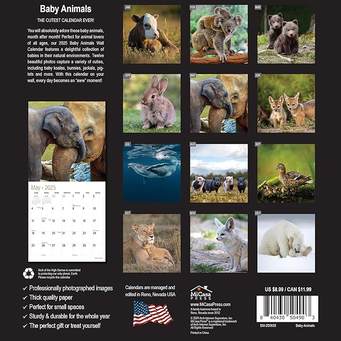 MICASA Baby Animals Mini 2025 Wall Calendar 12 Month | 7" x 14" Open | Thick & Sturdy Paper | Giftable | Calendar 2025