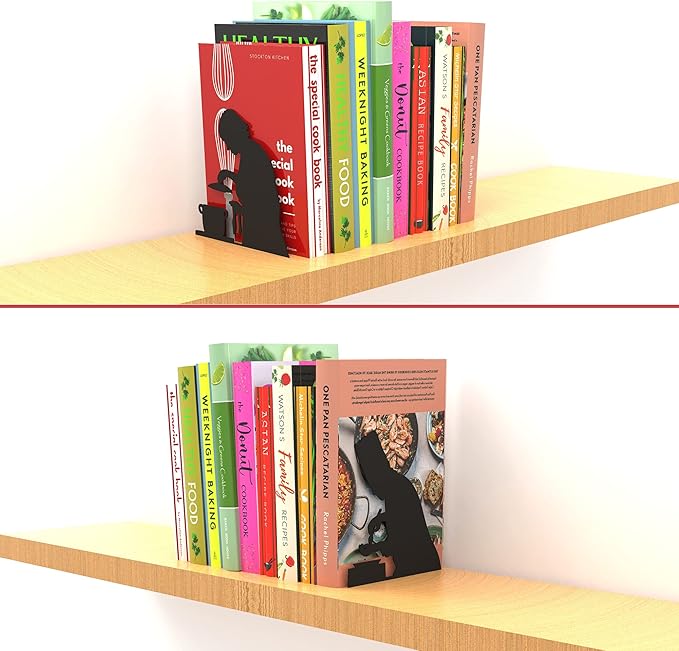 Unique Metal Decorative Bookends - Whimsical Hidden Book Ends for a Cool Book Holder Display - Cute Home Decor and Modern Gift Idea for Shelves Desk or Table (Cooking)