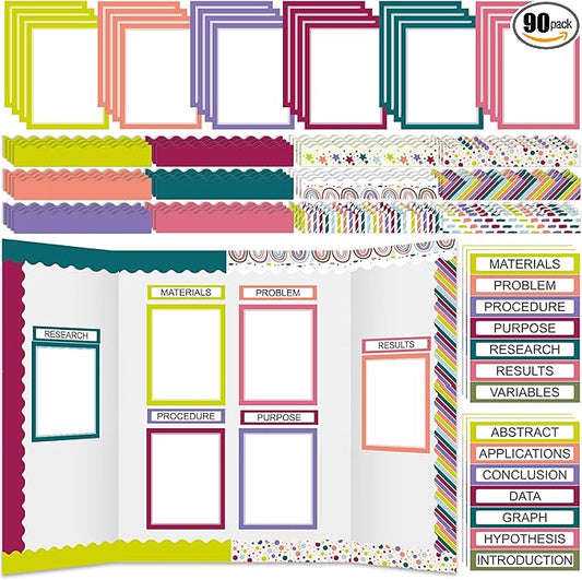 90 Pcs Science Fair Board Supplies 60 Trim Scalloped Bulletin Board Borders 24 Presentation Board Subtitles 6 Science Fair Titles for Classroom Display Boards(Classic)