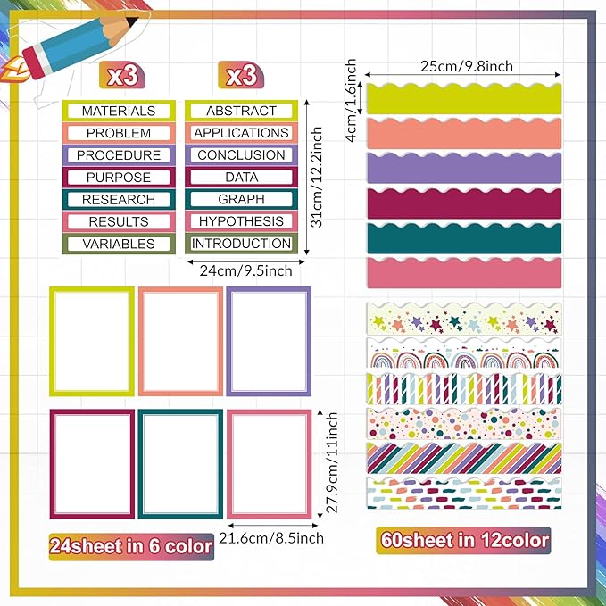 90 Pcs Science Fair Board Supplies 60 Trim Scalloped Bulletin Board Borders 24 Presentation Board Subtitles 6 Science Fair Titles for Classroom Display Boards(Classic)