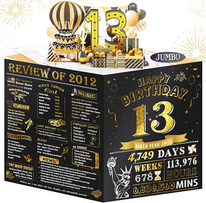 13th Birthday Card for Girl Boy, Funny Pop Up Happy 13th Birthday Cards for Son Daughter, Jumbo 13th Birthday Decorations for 13 Year Old Boys Girls Funny Birthday Gifts, Review of 2012, Black Gold