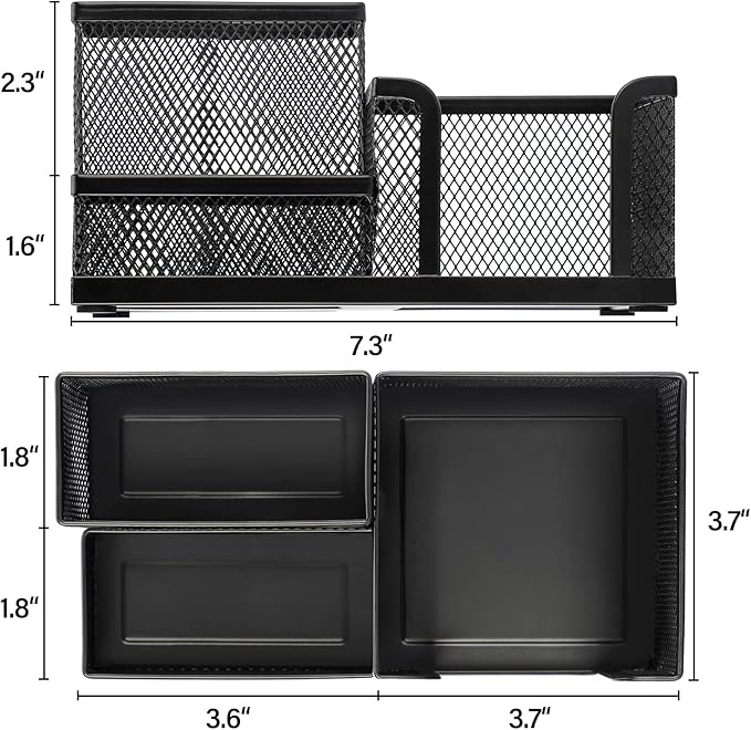 MaxGear Pen Holder for Desk - Black Metal Mesh Pencil Holder with 3 Compartments, Desktop Organizer with Non-Slip Mats, Office Supplies Organizer for School, Home & Workspace