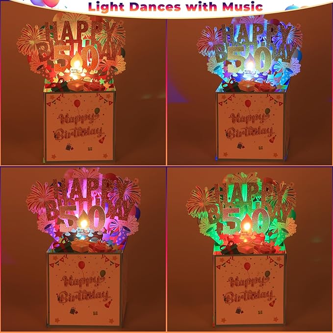 Tnvee 50TH Birthday Cards with Lights & Music & Candle, 3D Large Pop Up Happy Birthday Cards for Women Man Greeting Cards Decorations for 50 Years Old Mom Dad Wife Husband Friend