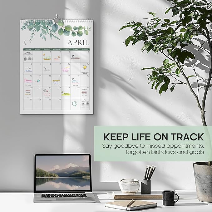 2025 Wall Calendar, Monthly Wall Calendar from January 2025 to June 2026, 14.7" x 11.5", Spiral Binding Hanging Wall Calendar, Perfect for Home or Office, Greenery Design