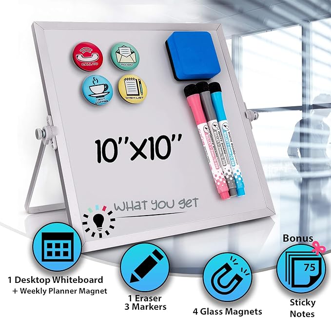 Small Desktop Weekly Planner White Board - Calendar 10"x10" Dry Erase Magnetic to Do List Board with Stand, 3 Markers, 4 Magnets, Eraser - Portable Tabletop Whiteboard for Home School & Office