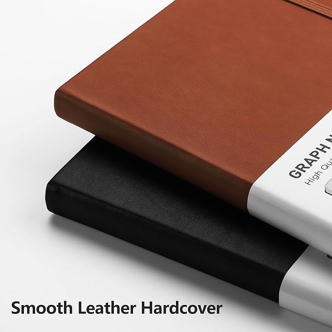 RETTACY Graph Paper Notebook, A5 Grid Notebook Journal with 192 Pages, 5.7'' × 8.3'', Medium Size, Leather Hardcover, 100 GSM Thick Paper, for Students, Homework, Math, Engineering (Black)