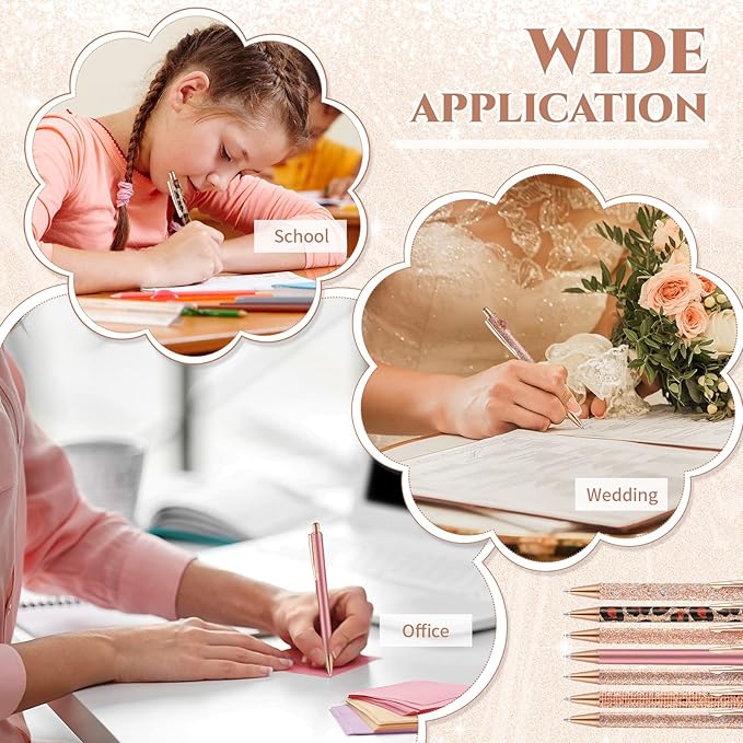 Sherr 7 Pcs Fancy Pens for Women Cute Sparkly Glitter Pens with 10 Pcs Black Ink Refills Pretty Gifts for Girls Office School Christmas Graduation(Rose Gold,Elegant)