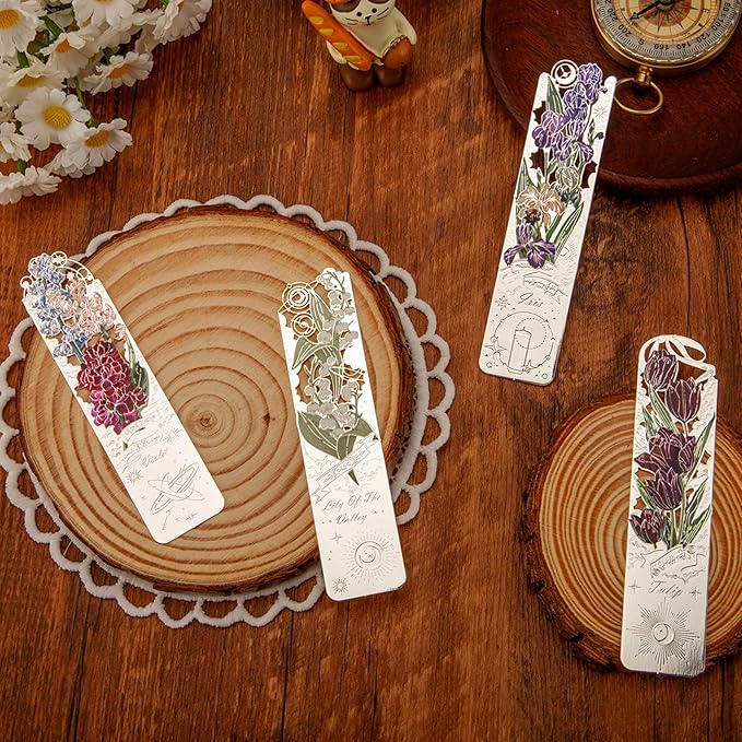 4 PCS Metal Bookmarks, Bookmarks for Reading Women, Pretty Bookmarks for Women, Metal Flower Bookmark, Iris, Tulip, Lily of The Valley, Violet Bookmark(BKM-062-001)