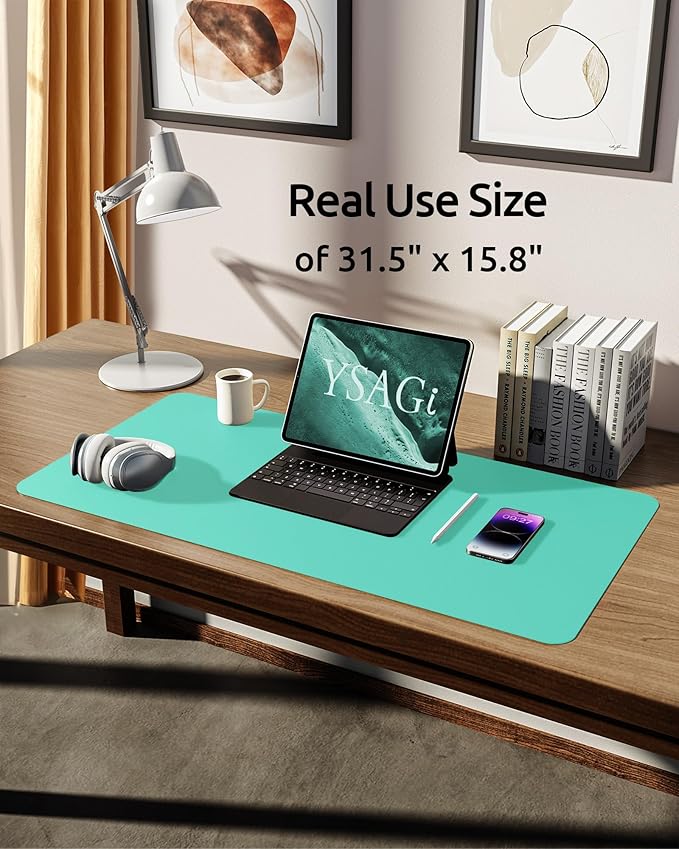 YSAGi Leather Desk Protector, Office Mat, Large Mouse Mat, Non-Slip PU Leather Blotter, Laptop Pad, Waterproof Writing Pad for Office and Home (Calamine Blue, 31.5" x 15.8")