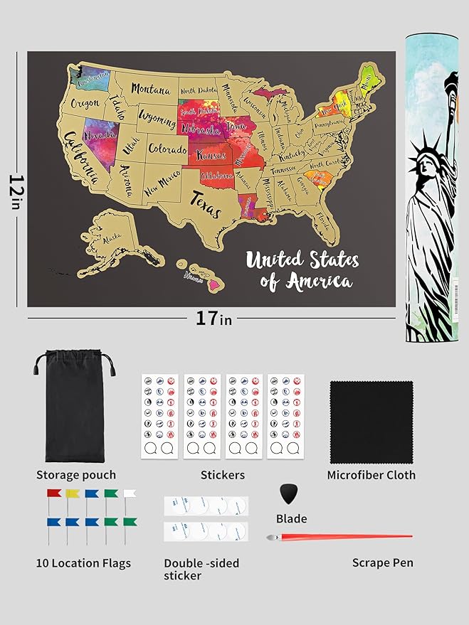 JARLINK Scratch Off USA Map Poster, 12x17 inches United States Map with Unique Accessories Set, Personalized Travel Poster, Gift for Travelers