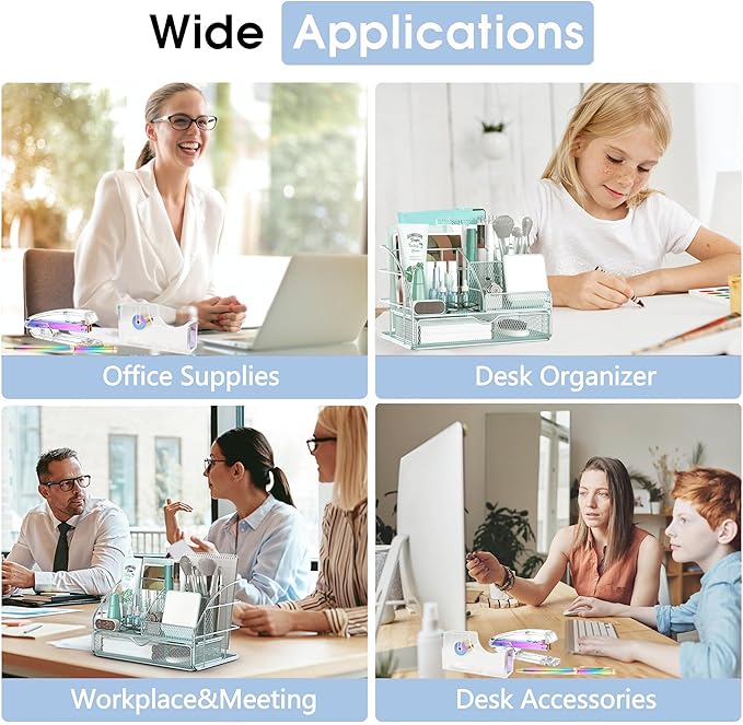 Dream Color Desk Accessories, Office Desk Organizers and Accessories Supplies with Mesh Desk Organizer, Tape Dispenser, Stapler, Staples, Ballpoint Pen, Clips Set, Ruler, Scissor, Sticky Tabs