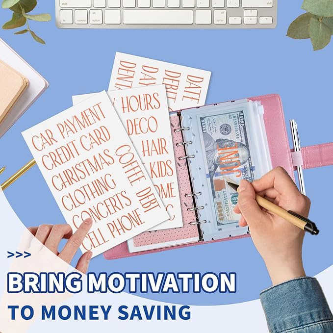 OOUUREC 100 Rose Gold Budget Category Stickers - Clear Vinyl Planner Decals for Cash Envelope System Wallet