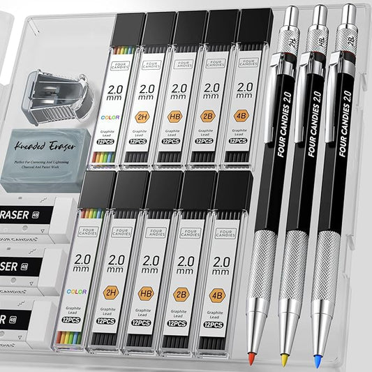 Four Candies 3PCS 2MM Mechanical Pencils with case, Artist Lead Pencil Metal Lead Holder with 120 Graphite Lead Refills(HB 2H 2B 4B Color), 4 Erasers, Sharpener, Drafting Pencil for Drawing, Sketching