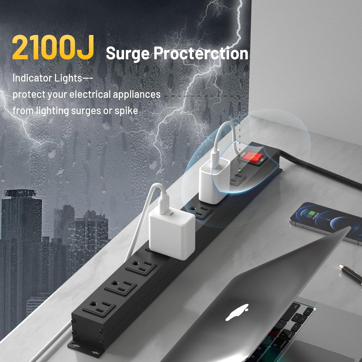 KF 8 Outlet Heavy Duty Power Strip Surge Protector, 2100J Surge Protection Power Strip, 15A/1875W Mountable Power Strips with Upgraded Switch, 14AWG 12FT Power Cord