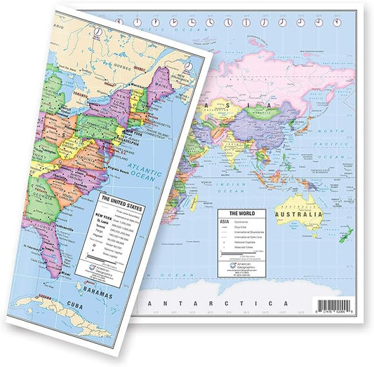 US and World Desk Map (13" x 18" Laminated) for Students, Home or Classroom Use by Lighthouse Geographics