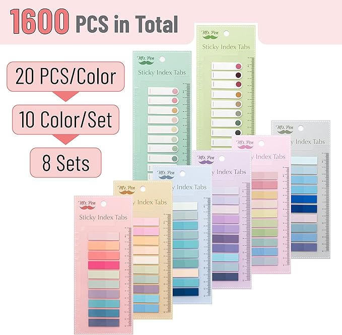 Mr. Pen- Colorful Sticky Tabs, 1600 Pcs, Transparent Page Markers, Annotating Book Tabs