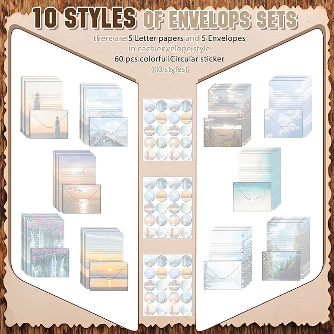 TaoBary 160 Packs Stationery Paper Set (50 Double Sided Stationery Writing Papers 50 Matching Envelopes) 60 Round Dot Sticker, 10 Design(Scenic Nature,5.5 x 8.25 Inch)