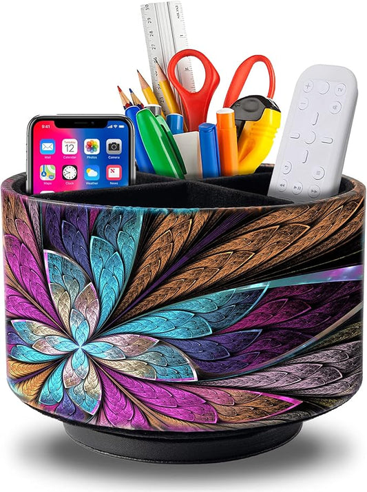 Remote Control Holder Round Leather Art Supply Organizer, PU Leather Pencil Stationery Desk Storage Makeup Organizer for Heater Controllers TV Remotes, 4 Compartments, 360 Degree Spinning