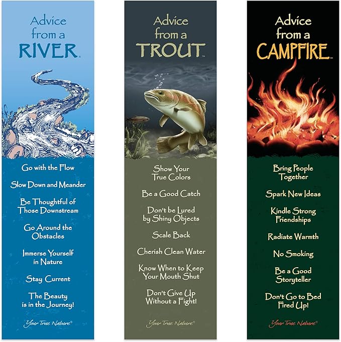 Advice from Nature 3 Bookmark Manly Set, Laminated with Glossy Finish, Printed on Recycled Paper - Campfire, Trout, River (AMBM-MAN)