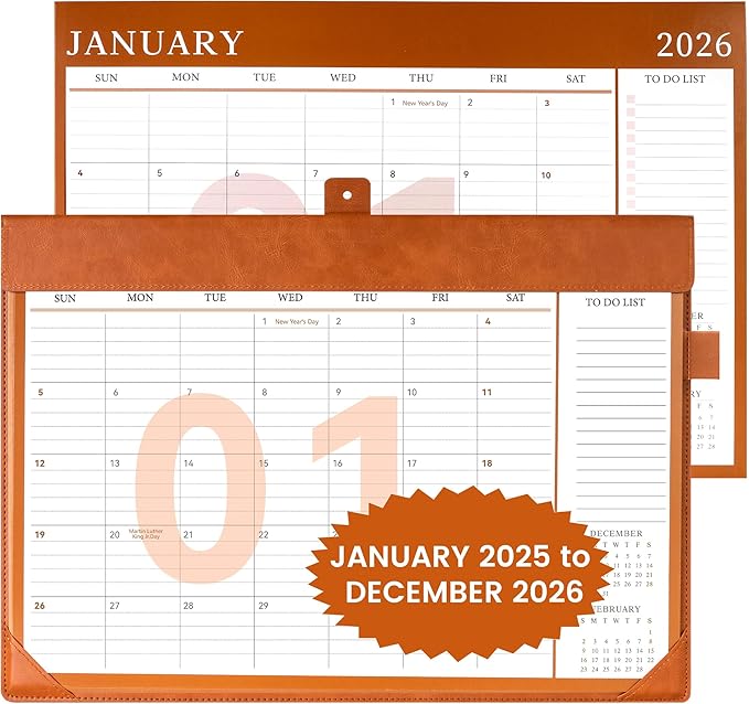 Desk Calendar 2025-2026,24 Month Wall Calendar from Jan 2025-Dec 2026, Large Desk Calendar 17" x 12" with To-Do Lists, Leather Desk Pad Calendar with PVC Cover for Home School and Office,Brown