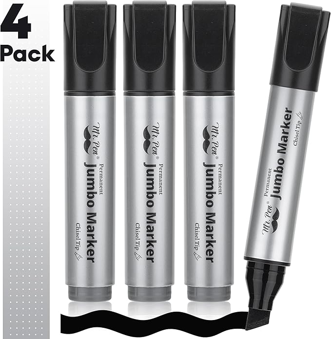 Mr. Pen- Jumbo Permanent Markers, 4 Pack, Chisel Tip, Black Markers Permanent, Permanent Markers Black Markers, Thick Permanent Marker, Thick Markers, Jumbo Markers, Large Markers, Wide Tip Markers
