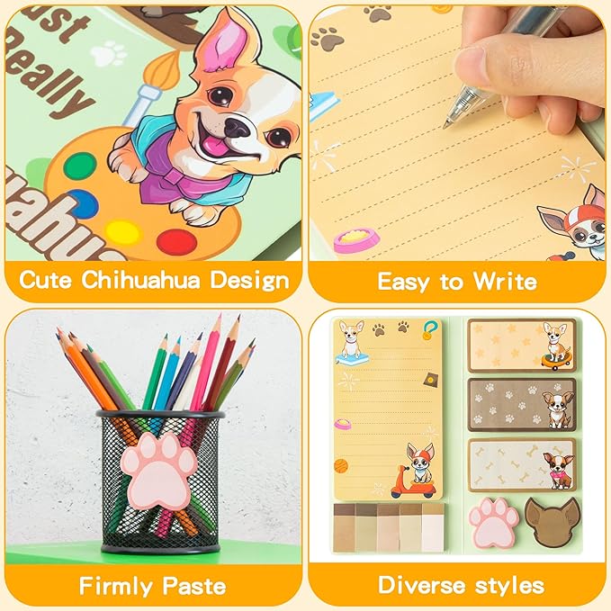 B1ykin Sticky Notes Set - Cartoon Theme Cute Self-Stick Notes Pad Teacher Appreciation Gifts， Self-Adhesive Writing Memo Pages Sticky to Do Notepad for Kids Employee School Office (Chihuahua)