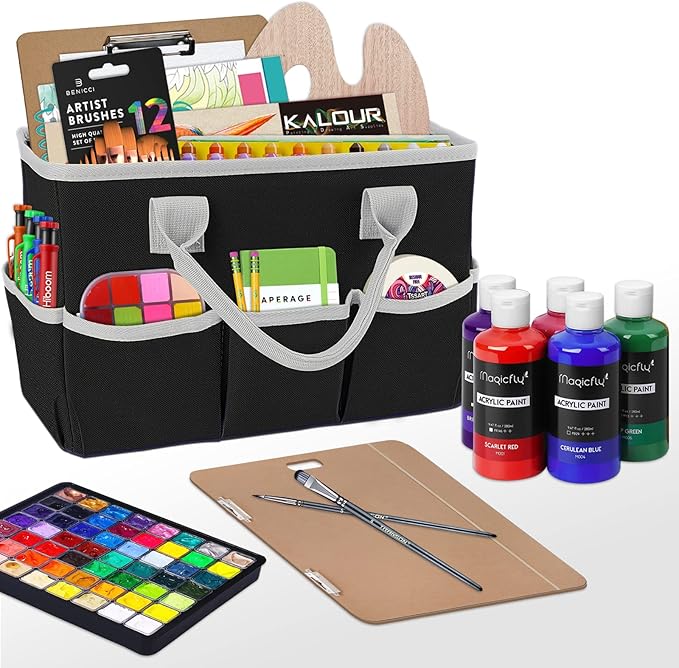 Godery Desktop Tote and Organizer, Teacher Helper Bag for Arts, Books, Stationery, Office Desk Organization, Make-up Storage with Handles for Travel (BLACK-2)